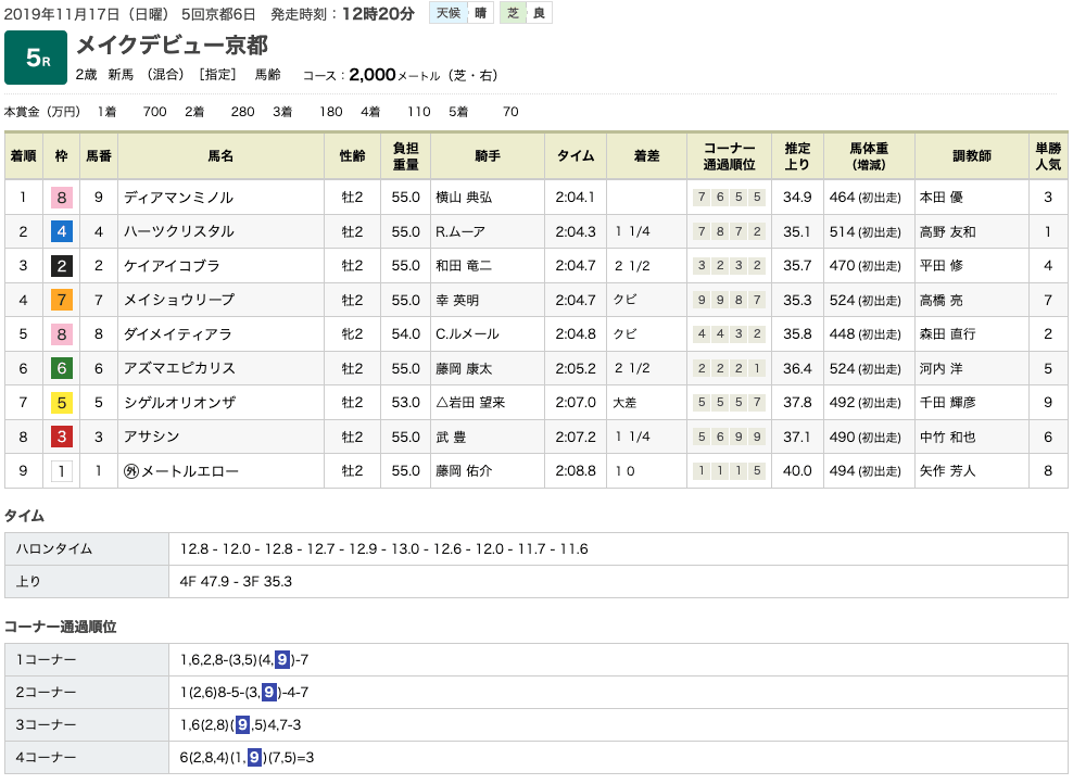 ディアマンミノル（オルフェーヴル産駒）が楽に差し切って新馬勝ち