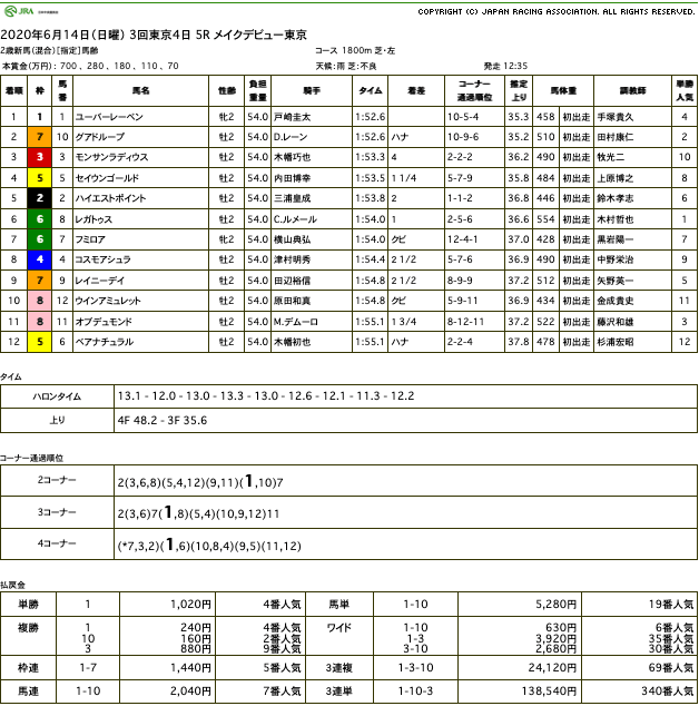 ユーバーレーベン（ゴールドシップ産駒）が不良馬場に怯むことなくデビュー戦勝利