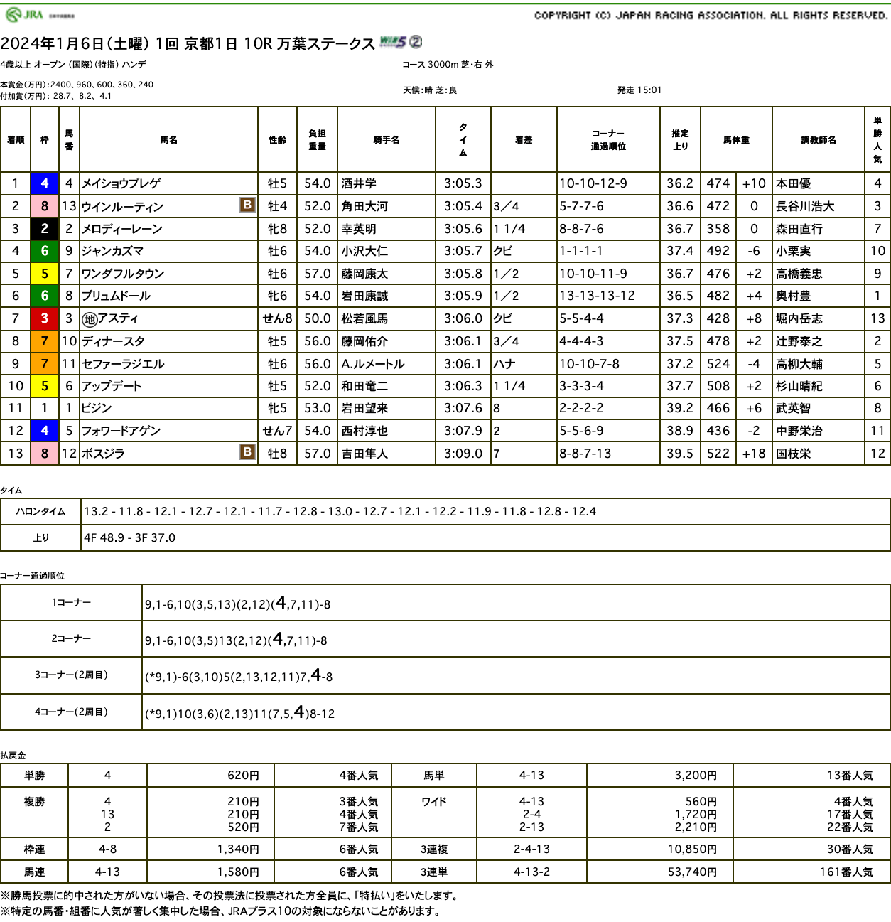 メイショウブレゲが万葉Sを優勝。ファミリーの今季初勝利はゴールドシップっ仔が飾る