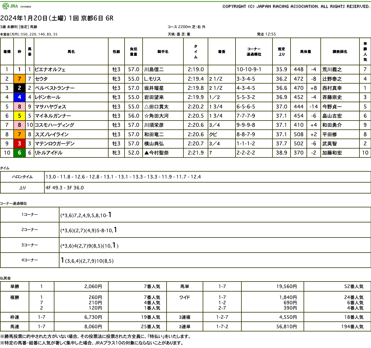 ピエナオルフェ（オルフェーヴル産駒）が4コーナーひとまくりから押し切って初勝利