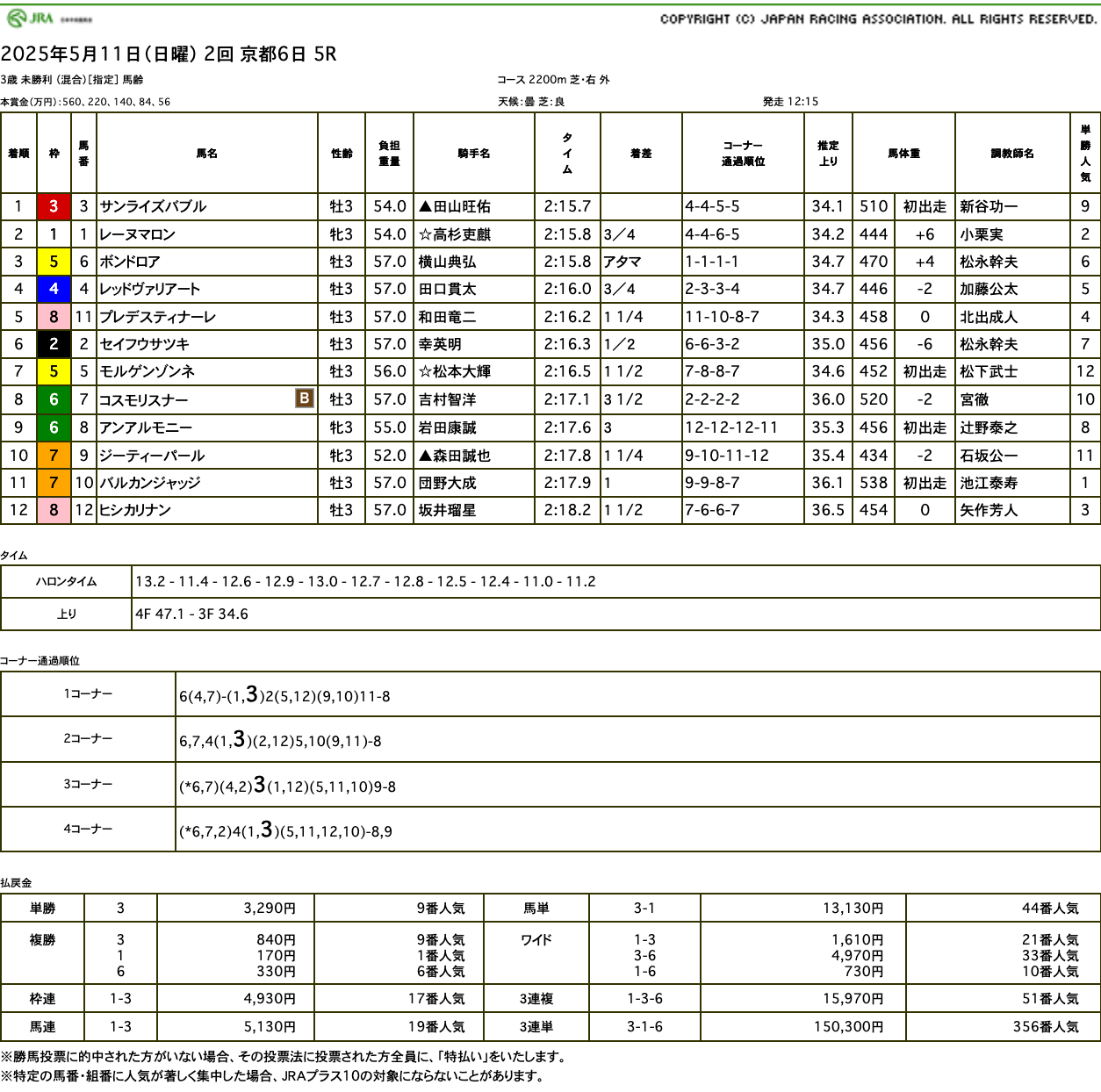 サンライズバブル（ゴールドシップ産駒）が既走馬相手にデビュー戦を勝利