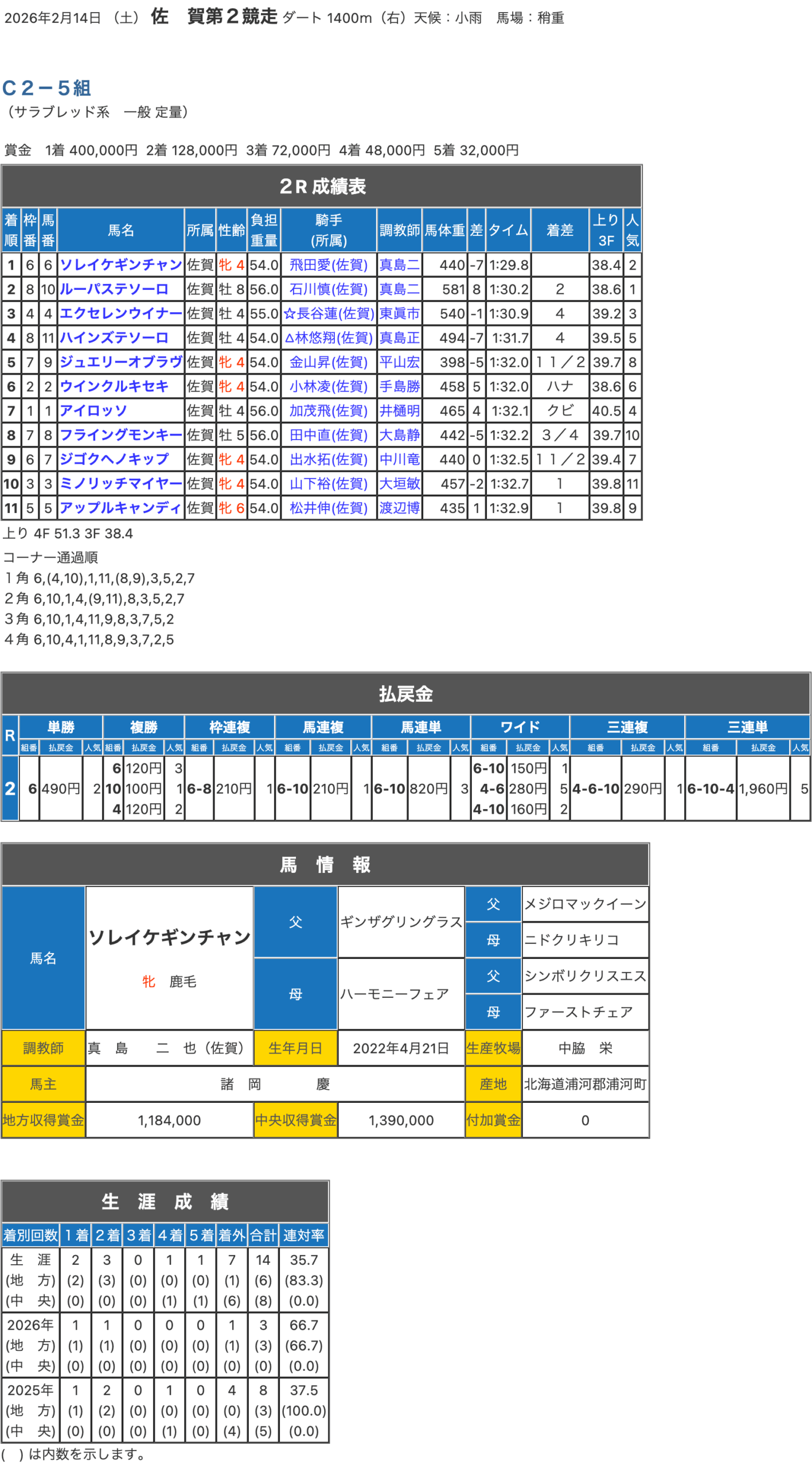 ソレイケギンチャン(ギンザグリングラス産駒)が楽々逃げ切り2勝目