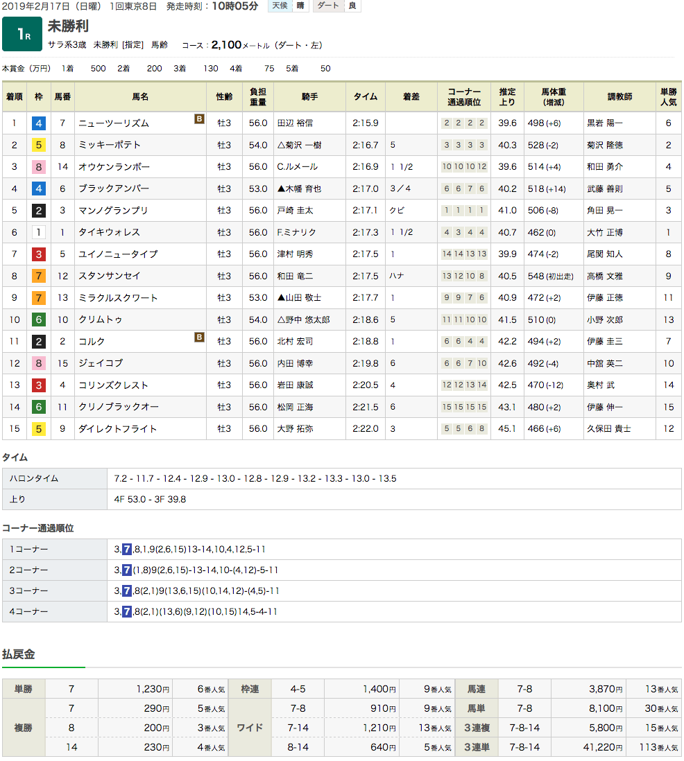 ニューツーリズム（ドリームジャーニー産駒）も圧勝で初勝利